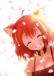 Rule 34 | 1girl, absurdres, ahoge, blush, breasts, cherry blossoms, cleavage, cleavage cutout, closed eyes, clothing cutout, highres, large breasts, looking at viewer, minaduki miyabi, nijisanji, open mouth, ratna petit, red hair, red panda ears, red panda girl, short hair, simple background, smile, transparent background, virtual youtuber