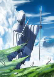 Rule 34 | blue sky, branch, cliff, cloak, cloud, cloudy sky, commentary request, day, fantasy, grass, hankachi (okayama012), holding, mountain, no humans, original, plant, rock, scenery, sky, staff, statue, sword, weapon
