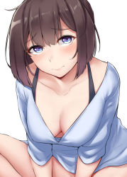 Rule 34 | 1girl, absurdres, akizuki (kancolle), alternate costume, blue eyes, blue shirt, blush, bottomless, breasts, brown hair, cleavage, closed mouth, collarbone, downblouse, halterneck, highres, kantai collection, kiritto, long sleeves, looking at viewer, medium breasts, shirt, short hair, simple background, sitting, solo, sweat, white background