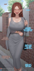 Rule 34 | 1futa, angry, arm under breasts, bag, bra visible through clothes, bralines, breasts, brick wall, brown hair, character name, commentary, constricted pupils, damonblackburn, day, dongtan dress, dress, english commentary, english text, futanari, grey dress, grey jacket, hair behind ear, handbag, highres, jacket, large breasts, long dress, long hair, long sleeves, looking at viewer, meme attire, mole, mole under eye, newhalf, off shoulder, open mouth, original, outdoors, paid reward available, parted bangs, pov, red eyes, rmi (damonblackburn), single bare shoulder, solo, surprised, taut clothes, taut dress, transgender, tree, watch, watermark, wavy mouth, web address, wristwatch