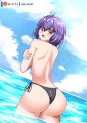 Rule 34 | 1girl, ass, bare shoulders, bernadetta von varley, bikini, bikini bottom only, blush, breasts, covering privates, covering breasts, dimples of venus, embarrassed, fire emblem, fire emblem: three houses, from behind, huge ass, looking at viewer, looking back, luex, nintendo, open mouth, purple eyes, purple hair, shiny clothes, shiny skin, short hair, sideboob, solo, swimsuit, topless