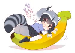 Rule 34 | 10s, 1girl, animal ears, ass, banana, black gloves, black hair, blush, common raccoon (kemono friends), fang, food, fruit, gloves, kemono friends, looking at viewer, multicolored hair, open mouth, pantyhose, raccoon ears, short hair, simple background, skirt, solo, translated, watanon (gakushokutei), white background, white hair