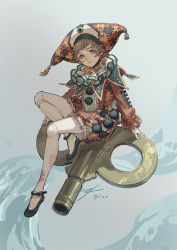 Rule 34 | 1other, androgynous, brown hair, commentary request, doll joints, facial mark, facial tattoo, frilled shirt collar, frilled sleeves, frills, hat, hat bell, hat tassel, highres, joints, key, looking at viewer, nishiki areku, original, oversized object, pantyhose, pom pom (clothes), puzzle piece, puzzle piece print, signature, sleeve bow, solo, tattoo, teardrop facial mark, teardrop tattoo