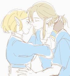 Rule 34 | 1boy, 1girl, blonde hair, blue shirt, closed eyes, couple, ear piercing, facing another, hand on another&#039;s waist, hug, ije17430, imminent kiss, link, nintendo, piercing, pointy ears, ponytail, princess zelda, shirt, sidelocks, simple background, sketch, the legend of zelda, the legend of zelda: breath of the wild, the legend of zelda: tears of the kingdom