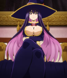 1girl anime_screenshot arms_under_breasts black_hair black_hat black_robe black_skirt black_thighhighs breasts chair cleavage colored_inner_hair flower hair_between_eyes hat highres idola_avorn large_breasts large_hat long_hair long_sleeves looking_at_viewer multicolored_hair pink_flower pink_hair red_eyes robe rose sentai_red_ga_isekai_de_boukensha_ni_naru sitting skirt stitched thick_eyebrows thighhighs thighs third-party_edit two-tone_hair witch witch_hat