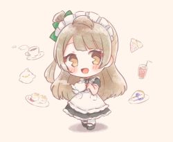Rule 34 | 1girl, :d, alternate costume, apron, bendy straw, black dress, black footwear, blush, brown background, brown eyes, brown hair, cheesecake, chibi, commentary request, cup, dress, drink, drinking glass, drinking straw, enmaided, food, full body, holding, long hair, looking at viewer, love live!, love live! school idol project, maid, maid apron, maid headdress, minami kotori, one side up, open mouth, pantyhose, parfait, plate, sanzashi (dandelion3373), saucer, shadow, shoes, short sleeves, smile, solo, teapot, very long hair, white apron, white pantyhose