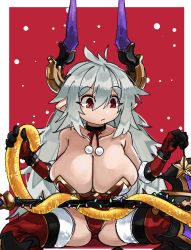 Rule 34 | 1girl, absurdres, axe, bare shoulders, battle axe, black choker, black gloves, black thighhighs, boots, border, breasts, choker, christmas, christmas lights, christmas ornaments, collarbone, commentary, decorating, draph, english commentary, gloves, granblue fantasy, hair between eyes, highres, holding, holding axe, horns, huge weapon, large breasts, leotard, long hair, multicolored clothes, multicolored gloves, outside border, red background, red eyes, red footwear, red gloves, red leotard, sagging breasts, silver hair, sitting, snowing, solo, spread legs, strapless, strapless leotard, thighhighs, thighhighs under boots, threo (granblue fantasy), weapon, white border, white thighhighs, zanamaoria