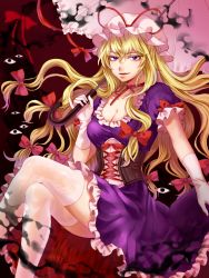 Rule 34 | 1girl, arm up, blonde hair, breasts, cleavage, corset, crossed legs, darkness, dress, elbow gloves, eyeball, feet out of frame, frilled skirt, frills, gap (touhou), gloves, hair between eyes, hair ribbon, half-closed eyes, hat, hat ribbon, highres, holding, holding umbrella, kuya (hey36253625), lace, lace-trimmed legwear, lace trim, large breasts, looking at viewer, mob cap, neck ribbon, parted lips, puffy short sleeves, puffy sleeves, purple dress, purple eyes, red background, red ribbon, ribbon, short sleeves, sitting, skirt, solo, thighhighs, touhou, tress ribbon, umbrella, underbust, white gloves, white thighhighs, yakumo yukari