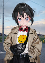 Rule 34 | 1girl, absurdres, black hair, black skirt, blue sky, bright pupils, brown coat, checkered clothes, checkered skirt, closed mouth, coat, collared shirt, cowboy shot, day, earrings, gishiki (gshk), highres, jewelry, long sleeves, looking at viewer, original, outdoors, red skirt, shirt, short hair, simple background, skirt, sky, sleeves past fingers, sleeves past wrists, smile, smiley face, solo, white pupils, white shirt, wing collar
