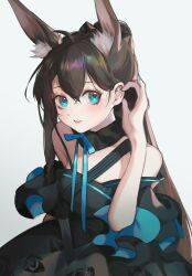 Rule 34 | 1girl, absurdres, adjusting hair, ahoge, ambience synesthesia, amiya (arknights), animal ear fluff, animal ears, arknights, bare shoulders, black collar, black dress, blue eyes, blue nails, blue ribbon, blush, brown hair, chinese commentary, collar, commentary request, dress, echico (echico1125), extra ears, fingernails, floral print, hair between eyes, hand up, highres, lips, long hair, looking at viewer, nail polish, off-shoulder dress, off shoulder, official alternate costume, parted lips, ponytail, rabbit ears, ribbon, rose print, simple background, smile, solo, upper body, white background