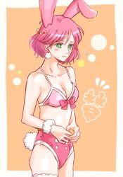 Rule 34 | 1girl, animal ears, bow, bow bra, bra, breasts, cleavage, closed mouth, earrings, final fantasy, final fantasy v, green eyes, hair ornament, jewelry, lenna charlotte tycoon, looking at viewer, medium breasts, pink hair, rabbit ears, rabbit tail, sa kichi, short hair, smile, solo, swimsuit, tail, underwear