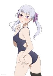 Rule 34 | 1girl, :o, absurdres, ass, ass grab, ass support, black clover, black thighhighs, blue one-piece swimsuit, blush, breasts, collarbone, competition swimsuit, coro fae, cowboy shot, fanbox username, from behind, grabbing own ass, grey hair, hair ribbon, highleg, highleg swimsuit, highres, long hair, looking at viewer, looking back, medium breasts, noelle silva, one-piece swimsuit, open mouth, purple eyes, purple ribbon, racerback, ribbon, simple background, single thighhigh, skindentation, smile, solo, swimsuit, thighhighs, thighs, twintails, twitter username, white background