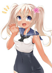 Rule 34 | 10s, 1girl, bad id, bad pixiv id, blonde hair, blue eyes, crop top, flower, hair flower, hair ornament, kankitsunabe (citrus), kantai collection, long hair, ro-500 (kancolle), sailor collar, school swimsuit, solo, swimsuit, swimsuit under clothes, tan, tanline, twintails