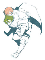 Rule 34 | 1boy, 1girl, :d, ahoge, alternate eye color, arms around neck, boots, brother and sister, carrying, colored skin, fire emblem, fire emblem awakening, green eyes, green hair, hair between eyes, haruno (toddy), hood, hooded jacket, inigo (fire emblem), jacket, leaning, leaning forward, monochrome, morgan (female) (fire emblem), morgan (fire emblem), nintendo, one eye closed, open mouth, pants, piggyback, pink eyes, pink hair, short hair, siblings, simple background, smile, spot color, white background, white skin, wink