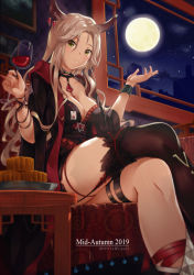 Rule 34 | 1girl, 2019, animal ears, arknights, asc11, black jacket, black thighhighs, breasts, cleavage, crossed legs, cup, deer ears, drinking glass, feet out of frame, full moon, gitano (arknights), gitano (elite ii) (arknights), hands up, hexagram, highres, holding, holding cup, indoors, jacket, long hair, looking at viewer, medium breasts, moon, night, night sky, open clothes, open jacket, silver hair, single thighhigh, sitting, sky, solo, thighhighs, thighs, wine glass, yellow eyes