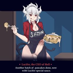 Rule 34 | 1girl, apron, breasts, censored, cleavage, cum, demon tail, futanari, helltaker, highres, horns, large breasts, licking lips, long hair, looking at viewer, lucifer (helltaker), no panties, red eyes, silver hair, tail, testicles, tongue, tongue out