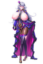Rule 34 | 1girl, arsela, breasts, chain, chain necklace, full body, huge breasts, lilith-soft, long hair, low ponytail, necklace, nipples, official art, revealing clothes, saijou satoru, simple background, solo, sweat, taimanin (series), taimanin rpgx, very long hair, wide hips