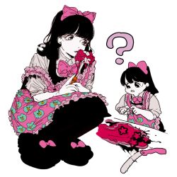 Rule 34 | 2girls, ?, apron, black eyes, black hair, bobbbob, bow, bowtie, chibi, collared shirt, dual persona, earrings, hair bow, index fingers together, jewelry, knife, looking to the side, meat tenderizer, multiple girls, original, pantyhose, ponytail, shirt, slippers, splatter, squatting, worried