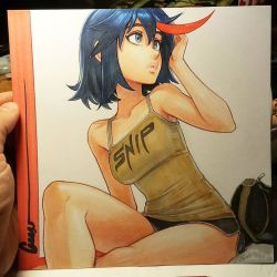 Rule 34 | 1girl, bare legs, black hair, blue eyes, breasts, camisole, casual, clothes writing, commentary, cross-eyed, english commentary, kill la kill, crossed legs, lips, looking to the side, marker (medium), matoi ryuuko, medium breasts, multicolored hair, omar dogan, red hair, short hair, short shorts, shorts, sitting, solo, streaked hair, traditional media