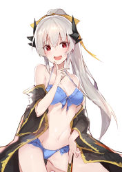 Rule 34 | 1girl, aida (chinhung0612), bare shoulders, bikini, bikini under clothes, black kimono, blue bikini, blush, bow, breasts, dragon horns, fate/grand order, fate (series), finger to mouth, frilled bikini, frills, hair between eyes, hair bow, halterneck, heart, heart-shaped pupils, highres, horns, japanese clothes, kimono, kiyohime (fate), kiyohime (fate/grand order), kiyohime (swimsuit lancer) (fate), kiyohime (swimsuit lancer) (third ascension) (fate), long hair, looking at viewer, medium breasts, navel, off shoulder, open mouth, ponytail, red eyes, see-through, silver hair, simple background, sitting, solo, stomach, swimsuit, symbol-shaped pupils, white background, wide sleeves, yellow bow