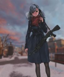 Rule 34 | 1girl, black pantyhose, blurry, blurry background, breath, coat, combat shotgun, commentary, dual-mode shotgun, girls&#039; frontline, gun, hair ribbon, highres, looking at viewer, outdoors, pantyhose, pump-action shotgun, pump action, rainbow six siege, ribbon, scarf, scenery, semi-automatic firearm, semi-automatic shotgun, shotgun, silver hair, solo, spas-12, spas-12 (girls&#039; frontline), treeman, twintails, weapon, winter, winter clothes