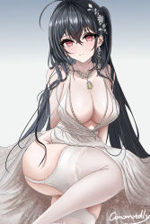 Rule 34 | 1girl, absurdres, artist name, ass, azur lane, black hair, breasts, center opening, cleavage, cocktail dress, dress, earrings, evening gown, garter straps, gmomotdly, gradient background, hair ornament, hair strand, highres, jewelry, large breasts, long hair, looking at viewer, official alternate costume, plunging neckline, red eyes, satin dress, simple background, sleeveless, sleeveless dress, solo, taihou (azur lane), taihou (temptation on the sea breeze) (azur lane), thighhighs, very long hair, white dress, white garter straps, white thighhighs