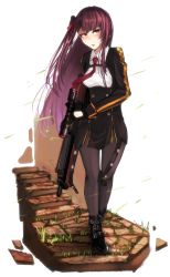 Rule 34 | 1girl, ankle strap, bipod, black footwear, black pantyhose, black skirt, blazer, blush, breasts, bullpup, collared shirt, floating hair, framed breasts, full body, girls&#039; frontline, gloves, gun, hair ribbon, half updo, high-waist skirt, highres, holding, holding gun, holding weapon, jacket, katagiri ags, large breasts, long hair, looking at viewer, necktie, one side up, open mouth, pantyhose, purple hair, red eyes, red necktie, red ribbon, ribbon, rifle, shirt, shoes, skirt, sniper rifle, solo, very long hair, wa2000 (girls&#039; frontline), walther, walther wa 2000, weapon, white shirt, wind