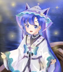 Rule 34 | ao nhat binh, blue eyes, blue hair, boat, bow, bowtie, bug, firefly, happy, hat, highres, insect, jewelry, multicolored bowtie, multicolored clothes, necklace, original, pearl necklace, soyachan, vietnamese clothes, vietnamese dress, water, watercraft