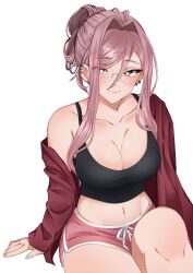 Rule 34 | 1girl, bare shoulders, breasts, collarbone, commission, earrings, girls&#039; frontline, heart, heart-shaped pupils, highres, jewelry, large breasts, navel, nyansteria, pink hair, smile, solo, symbol-shaped pupils, yellow eyes