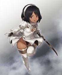 Rule 34 | 1girl, 2p (nier:automata) (cosplay), black hair, black leotard, boots, breasts, cameltoe, cleavage cutout, clothing cutout, commentary request, cosplay, dark-skinned female, dark skin, dress, final fantasy, final fantasy xiv, full body, gloves, hairband, highres, houtengeki, juliet sleeves, lalafell, leotard, leotard under clothes, long sleeves, looking at viewer, nier:automata, nier (series), open mouth, pointy ears, puffy sleeves, red eyes, short hair, skindentation, solo, sword, thigh boots, thigh gap, thighhighs, warrior of light (ff14), weapon, white dress, white footwear, wide hips, 2p (nier:automata)