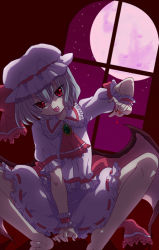 Rule 34 | 1girl, ascot, bad id, bad pixiv id, barefoot, blood, blue hair, brooch, fang, female focus, full moon, hat, indoors, jewelry, moon, moonlight, red eyes, remilia scarlet, short hair, sitting, solo, touhou, window, wings, wrist cuffs