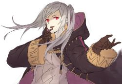 Rule 34 | 1girl, cape, corruption, dark persona, evil smile, fire emblem, fire emblem awakening, fire emblem heroes, gloves, grima (fire emblem), hood, intelligent systems, kamu (kamuuei), long hair, looking at viewer, nintendo, possessed, possession, red eyes, robe, robin (female) (fire emblem), robin (fire emblem), short hair, smile, solo, twintails, white hair