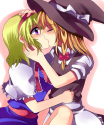 Rule 34 | 2girls, alice margatroid, blonde hair, blush, braid, capelet, closed eyes, clothes grab, clothes pull, female focus, hair ribbon, hairband, hand on another&#039;s face, hand on another&#039;s head, hat, hug, kirisame marisa, kiss, multiple girls, purple eyes, ribbon, short hair, subaru (yachika), surprised, touhou, witch, witch hat, yuri