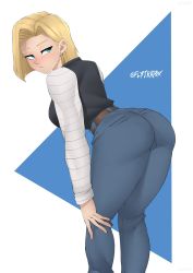 Rule 34 | 1girl, android 18, ass, bent over, blonde hair, blue eyes, breasts, cameltoe, denim, dragon ball, dragonball z, flytrapxx, from behind, highres, huge ass, jeans, large breasts, leaning, leaning forward, looking at viewer, looking back, pants, short hair, sideboob, solo