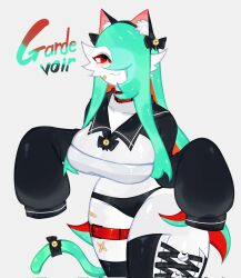 Rule 34 | animal ears, asymmetrical legwear, bandaid, bandaid on face, bell, belt, breasts, cat ears, cat hair ornament, cat tail, cleavage, collar, collarbone, colored skin, creatures (company), game freak, gardevoir, gen 3 pokemon, green hair, hair ornament, highres, huge breasts, midriff, multicolored hair, nintendo, panties, pokemon, pokemon (creature), red eyes, red hair, smile, tail, thick thighs, thigh belt, thigh strap, thighs, togetoge, underwear, very long sleeves, white skin, wide hips