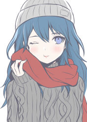 Rule 34 | 1girl, :t, absurdres, aran sweater, banned artist, beanie, blue eyes, blue hair, blush, breasts, byleth (female) (fire emblem), byleth (fire emblem), cable knit, closed mouth, commentary request, eyelashes, fingernails, fire emblem, fire emblem: three houses, hair between eyes, hand up, hat, highres, large breasts, light smile, long hair, long sleeves, looking up, nintendo, one eye closed, red scarf, scarf, shimizu akina, simple background, sleeves past wrists, solo, sweater, turtleneck, turtleneck sweater, upper body, winter clothes