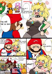Rule 34 | 3boys, 4girls, @ @, alternate language, begging, black dress, blonde hair, blue eyes, blush, bowser, bowsette, breasts, brothers, brown hair, cleavage, comic, commentary, dress, embarrassed, english text, engrish text, facial hair, fang, gloves, green hat, hands on own hips, hat, heart, highres, horns, large breasts, looking at another, looking away, luigi, mario, mario (series), multiple boys, multiple girls, mustache, nenbuta, new super mario bros. u deluxe, nintendo, nose, open mouth, orange dress, pink dress, ponytail, princess daisy, princess peach, ranguage, red hat, siblings, smile, speech bubble, spiked shell, super crown, surprised, toadette, transformation, translated, turtle shell, white gloves