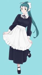 Rule 34 | 1girl, alternate costume, antenna hair, apron, black dress, black footwear, blue background, bow, breasts, closed mouth, dress, full body, green eyes, green hair, hair bow, highres, irako (kancolle), kantai collection, large breasts, long hair, long sleeves, ojipon, ponytail, simple background, solo, standing, standing on one leg, waist apron, white apron
