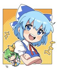Rule 34 | 2girls, :d, ascot, blue bow, blue eyes, blue hair, bow, cirno, collared shirt, cropped torso, crossed arms, daiyousei, green eyes, green hair, hair bow, highres, miz (mizillustration), multiple girls, one-hour drawing challenge, open mouth, outline, outside border, puffy short sleeves, puffy sleeves, shirt, short hair, short sleeves, smile, solo focus, touhou, v-shaped eyebrows, white outline, white shirt, yellow ascot, yellow background
