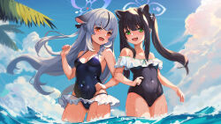 Rule 34 | 2girls, absurdres, animal ear fluff, animal ears, black hair, black one-piece swimsuit, blue archive, blue halo, blue one-piece swimsuit, blue sky, breasts, casual one-piece swimsuit, cloud, covered navel, day, extra ears, green eyes, grey hair, halo, highres, jamgom, kokona (blue archive), long hair, multicolored hair, multiple girls, ocean, one-piece swimsuit, open mouth, outdoors, partially submerged, red eyes, shun (blue archive), shun (small) (blue archive), sky, small breasts, standing, streaked hair, swimsuit, tiger ears, tiger girl, twintails, very long hair
