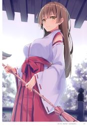 Rule 34 | absurdres, artist name, blush, breasts, broom, brown eyes, brown hair, closed mouth, hakama, hakama skirt, hatsu (first snow), highres, holding, japanese clothes, lips, long hair, looking at viewer, medium breasts, miko, original, page number, red hakama, scan, shiny skin, simple background, skirt, smile, solo, wide sleeves