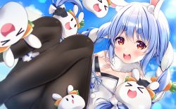 Rule 34 | 1girl, :d, animal ears, bare shoulders, black gloves, black leotard, black pantyhose, blue hair, blue sky, blush, braid, breasts, carrot hair ornament, clothing cutout, commentary, creature, food-themed hair ornament, fur scarf, gloves, hair ornament, highres, hikimayu, hololive, leotard, leotard under clothes, long hair, multicolored hair, nako narita, open mouth, orange eyes, pantyhose, rabbit, rabbit-shaped pupils, rabbit ears, rabbit girl, scarf, seamed legwear, short eyebrows, side-seamed legwear, sky, small breasts, smile, solo, strapless, swept bangs, symbol-only commentary, symbol-shaped pupils, teeth, thick eyebrows, twin braids, twintails, two-tone hair, underboob cutout, upper teeth only, usada pekora, usada pekora (1st costume), virtual youtuber, white hair, white scarf