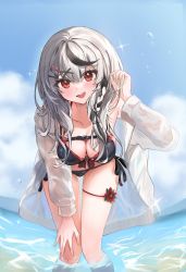 Rule 34 | 1girl, :d, bent over, bikini, black bikini, black hair, blush, breasts, cleavage, detached sleeves, fang, flower, grey hair, hair ornament, highres, hololive, jacket, long hair, long sleeves, looking at viewer, medium breasts, multicolored hair, open clothes, open jacket, open mouth, red flower, sakamata chloe, shirt, smile, solo, streaked hair, swimsuit, thigh strap, una hirag, virtual youtuber, wading, water, white shirt, x hair ornament