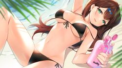 Rule 34 | 1girl, absurdres, ayamy, beach, bikini, black bikini, blush, bottle, breasts, commentary, earrings, fang, front-tie bikini top, front-tie top, green eyes, hanamori healthy, highres, holding, holding bottle, jewelry, looking at viewer, lotion bottle, lying, medium breasts, melty+, navel, on back, parted lips, sand, second-party source, shell hair ornament, side-tie bikini bottom, smile, solo, starfish hair ornament, stomach, strap slip, string bikini, swimsuit, tan, tanline, virtual youtuber, water