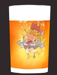 Rule 34 | 1girl, alcohol, beer, bloomers, bubble, cuffs, cup, female focus, floating, horns, ibuki suika, in container, in cup, mini person, minigirl, onikobe rin, orange hair, shackles, simple background, solo, submerged, touhou, underwater, underwear