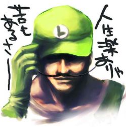 Rule 34 | 1boy, facial hair, gloves, hat, hat tip, lowres, luigi, male focus, mario (series), mustache, nintendo, profile, simple background, solo, translation request, white background