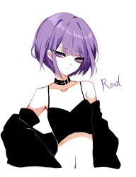 Rule 34 | 1girl, absurdres, bare shoulders, black collar, black jacket, breasts, camisole, character name, chinese commentary, collar, commentary request, crop top, eyelashes, head tilt, highres, indie utaite, jacket, long sleeves, looking at viewer, midriff, navel, niconico, off shoulder, open clothes, open jacket, purple eyes, purple hair, reol, sheya, short hair, simple background, small breasts, solo, spaghetti strap, stomach, upper body, utaite, white background, wide sleeves