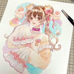 Rule 34 | 1girl, art tools in frame, blush, bow, brown eyes, brown hair, cake, cake slice, choker, collar, double bun, earrings, food, frills, hair bow, hair bun, hair ornament, hair ribbon, highres, jewelry, long hair, long sleeves, looking at viewer, macaron, necklace, open mouth, original, painting (medium), pearl necklace, photo (medium), pink bow, pink choker, pink collar, pink ribbon, ribbon, shirt, sleeves past fingers, sleeves past wrists, smile, solo, srnmomo, tag, traditional media, twintails, upper body, watercolor (medium)