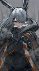 Rule 34 | 1girl, absurdres, animal ears, arknights, arm up, black gloves, black shirt, coat, ear ornament, extra ears, frostnova (arknights), gloves, grey coat, grey eyes, grey hair, hair over one eye, highres, hrk (dxez4457), jewelry, long hair, looking at viewer, multiple rings, one eye covered, open clothes, open coat, parted lips, rabbit ears, rabbit girl, ring, scar, scar on face, scar on nose, shirt, solo, upper body