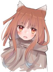 Rule 34 | 1girl, animal ears, blush, brown hair, cloak, commentary, eme (emeralda), fang, highres, holo, long hair, looking at viewer, open mouth, red eyes, spice and wolf, white background, wolf ears